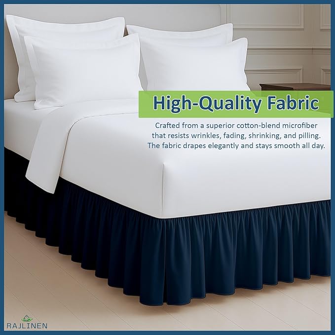 Rajlinen Ruffled Bed Skirt Full, 14 Inch Drop Dust Ruffle with Split Corners, 100% Microfiber Bedskirt with Platform, Three-Sided Coverage Ruffled Gathering Design, Navy Blue