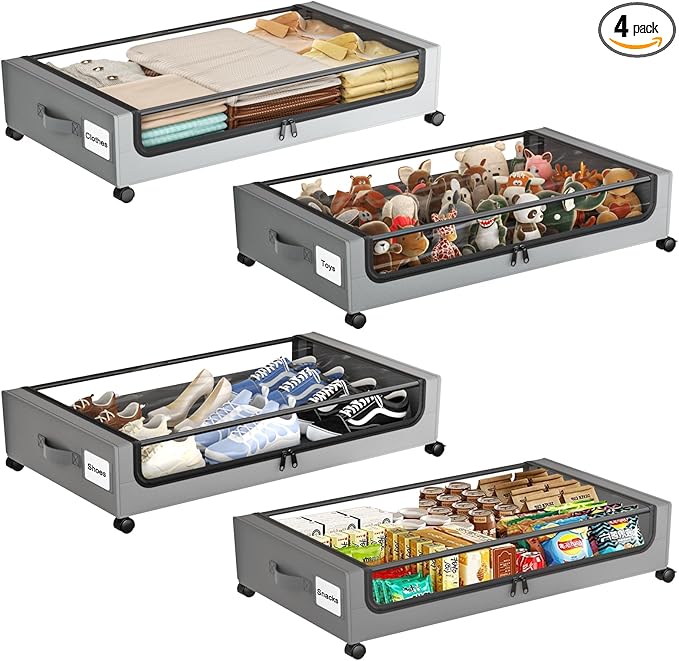 Under Bed Storage with Wheels,XXL 60L Under Bed Storage Containers with Clear Lids, Under-Bed Organizers for Clothes, Shoes – Durable Storage Bins with Smooth Rolling Wheels (Gray, 4 Pack)