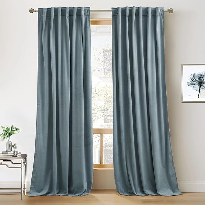 RYB HOME Blue Velvet Curtains 84 inches - Blackout Curtains for Living Room, Thermal Insulated Noise Reducing Panels Soft Luxury Window Decor for Bedroom, Stone Blue, W52 x L90 inches, 2 Panels