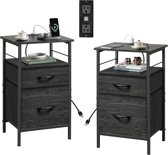 WLIVE Night Stand Set 2, Black Nightstand with Charging Station, Bedside Tables for Bedroom, Side Table with Fabric Drawers, USB Ports and Outlets