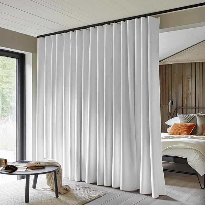 Room Divider Curtains Total Blackout Privacy Curtain Panel Room Thermal Insulated Noise Reduction Curtains for Bedroom Window Living Room Ceiling Track Curtain W 12.5 ft × H 7 ft White
