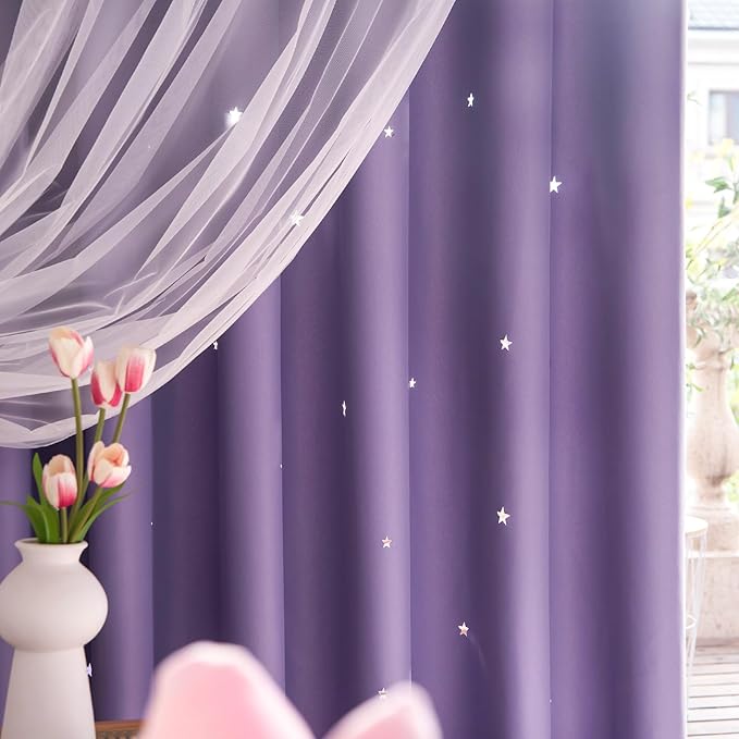 Stars Curtains Double Layer Curtains Blackout Curtains for Bedroom Kids Curtains Cute Curtains Kids Blackout Curtains, Curtains 84 Inches Long 2 Panels Set, Purple Curtains, 52 X 84 Inches
