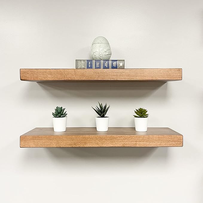 URBANDI, Rustic Floating Shelves, Set of 2, Hidden Bracket, Solid Wood, Heavy Duty, Wall Mounted Shelves, (Brown, 12Wx10D)