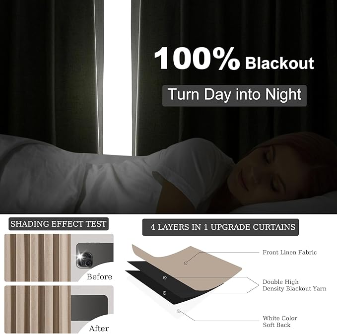 Topfinel 100% Blackout Linen Curtains 72 Inch Length,Pinch Pleated Neutral Back Tab Drapes with Hooks Room Darkening Heat Reducing Farmhouse Rustic Lined Draperies for Bedroom Baby Room 2 Panels Set