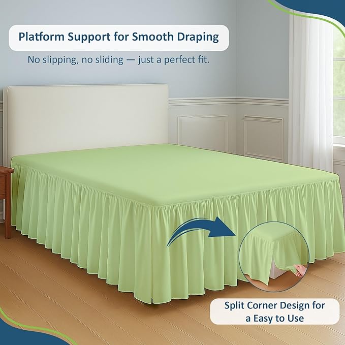 Rajlinen Ruffled Bed Skirt Full, 24 Inch Drop Dust Ruffle with Split Corners, 100% Microfiber Bedskirt with Platform, Three-Sided Coverage Ruffled Gathering Design, Sage