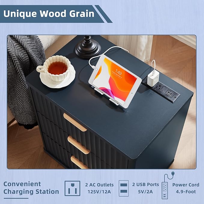 LEYAOYAO Fluted Dresser and 3 Drawers Nightstand Set of 2, Wood 48" Wide Dresser & 23" Night Stand with Charging Station, 3 Piece Bedroom Furniture Set, Chest of Drawers for Home,Living Room,Nave Blue