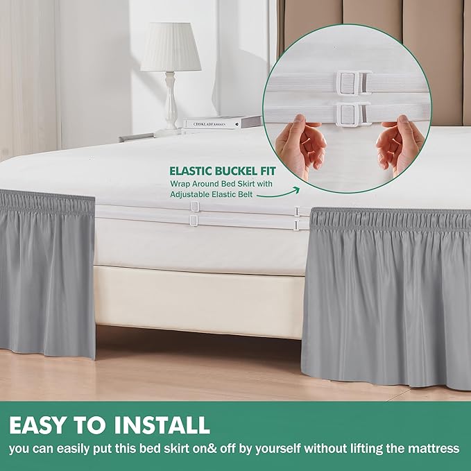 Biscaynebay Wrap Around Bed Skirts with Split Corners for Queen Beds 15" Drop, Silver Grey Adjustable Elastic Dust Ruffles Easy Fit Wrinkle Resistant Silky Luxurious Fabric Machine Washable