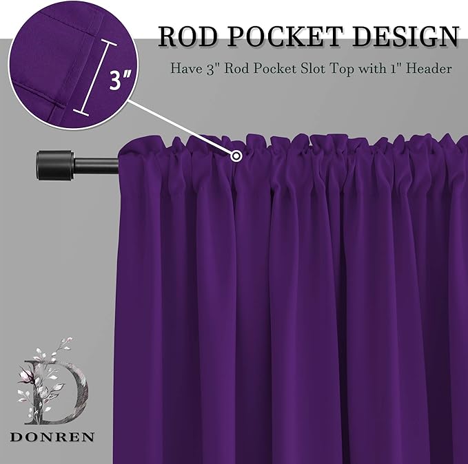 DONREN Royal Purple Blackout Curtain Panels for Living Room - Thermal Insulated Room Darkening Rod Pocket Drapes for Window (52 x 63 Inch Length,2 Panels)