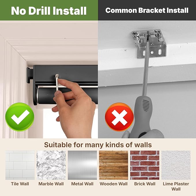 HESTIA No Drill Cordless Blackout Roller Shades Screwless Waterproof Shower Window Blinds, Auto-Retraction Easy Install Blind for Bathroom/Kitchen/Office/Exterior, Black, 39" W x 72" H