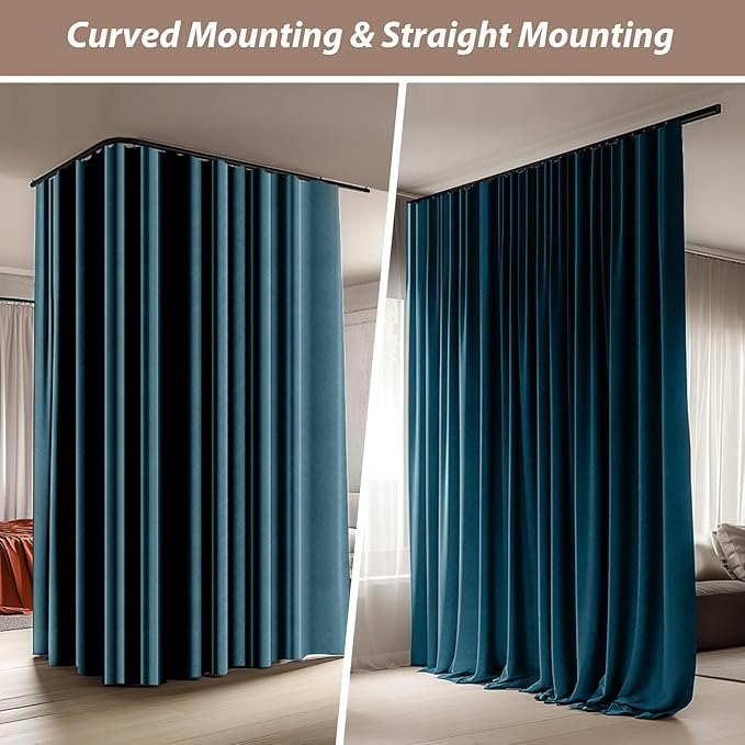 Room Divider Curtains with Ceiling Curtain Track Set Window Curtain for Bedroom,Living Room Total Blackout Thermal Insulated Privacy Ceiling Track Curtain W 15 × H 7 FT Azure Blue drape&Black track