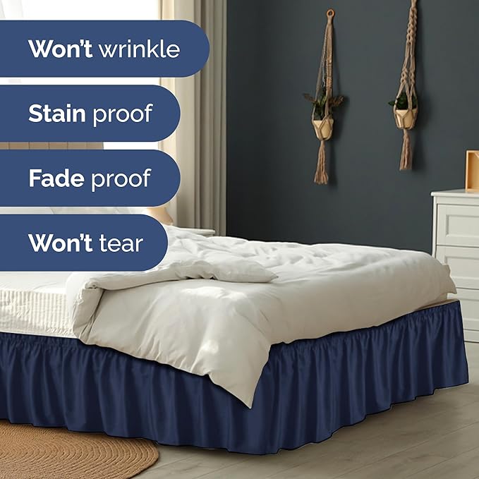 Wrap Around Dust Ruffle Bed Skirt - Navy Blue - for King Size Beds with 24 Inch Drop - Elastic Strap - Adjustable Pleated Bedskirt with Brushed Fabric and Wrinkle Free - for Women, Men, Kids & Teens