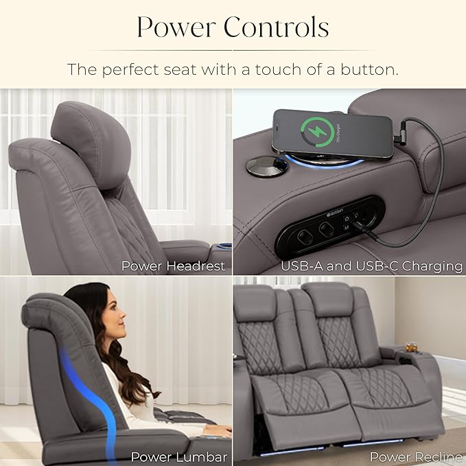 Seatcraft Diamante Zero-Gravity CoolZero Italian Leather Home Theater Seating, Power Headrest, Power Recline, Row of 3 Sofa, Gray