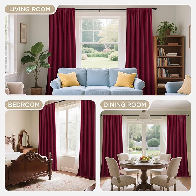 Joydeco Red 100% Blackout Curtains 72 Inch 2 Panels, Luxury Thermal Red Velvet Curtains for Bedroom Living Room, Soundproof Blackout Window Drapes, Rod Pocket & Back Tab (52W x 72L)