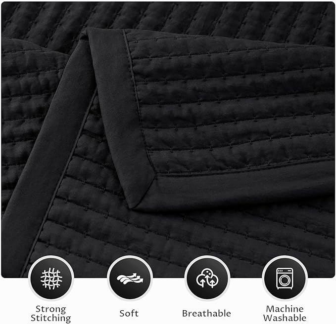 KASENTEX Oversized Queen Quilt Set 102"x106" – Soft Washed 3-Layer Lightweight Bedspread, Minimalist Nordic Design, All-Season Spring & Summer Quilt Set (1 Quilt + 2 Pillow Shams), Jet Black