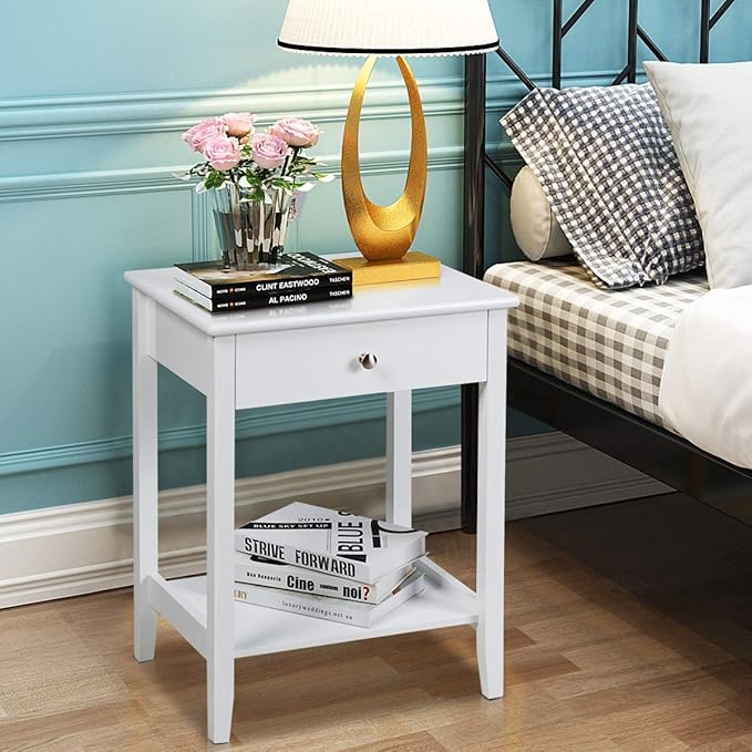 Giantex Nightstand Wooden 2-Tier Couch Sofa Side Table with Drawer, Storage Shelf, Solid Wood Legs,Mufti-Functional Home Furniture for Living Room Bedroom Study Room End Table (1, White)