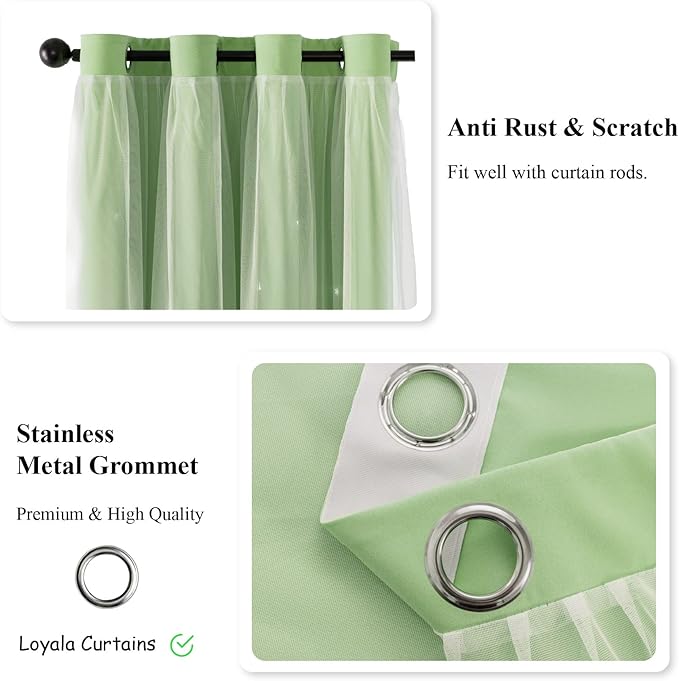 Star Curtains Double Layer Blackout Curtains for Bedroom Kids Curtains 63 Inches Long 2 Panels Set, Green 42 X 63 Inches