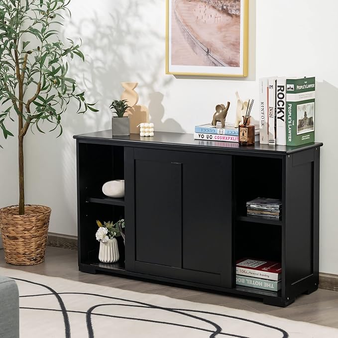 Costzon Sideboard Buffet Cabinet, Wooden Kitchen Storage Cabinet with Adjustable Shelf, Sliding Barn Door, Accent Coffee Bar Cabinet Console Table for Living Room, Dining Room, Hallway (Black)