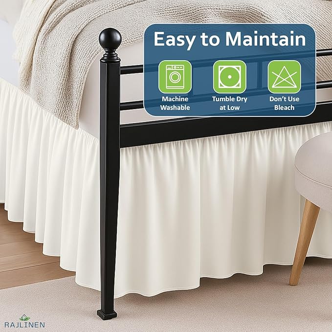 Rajlinen Ruffled Bed Skirt Full, 12 Inch Drop Dust Ruffle with Split Corners, 100% Microfiber Bedskirt with Platform, Three-Sided Coverage Ruffled Gathering Design, Ivory