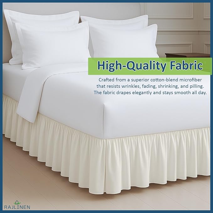 Rajlinen Ruffled Bed Skirt Full, 10 Inch Drop Dust Ruffle with Split Corners, 100% Microfiber Bedskirt with Platform, Three-Sided Coverage Ruffled Gathering Design, Ivory