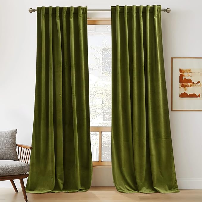 RYB HOME Moss Green Velvet Curtains 92 inches, Back Tab Soft Fabric Room Darkening Thermal Insulated Luxurious Home Decor Curtains for Living Room Bedroom, W 52" x L 92", 2 Panels Set