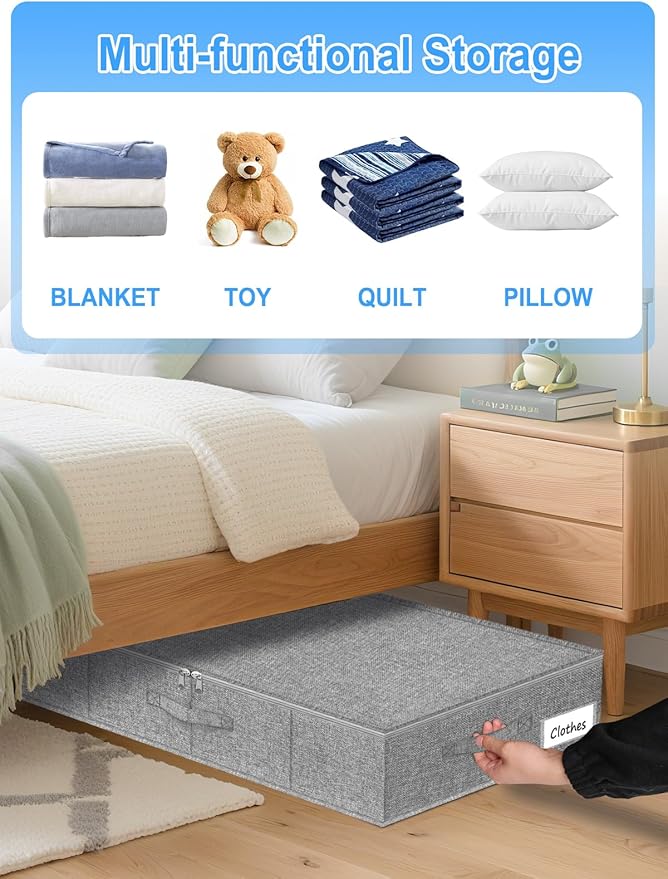 Under Bed Storage Container, 7" Tall Underbed Storage Bin with Rigid Sides & Bottom, Large Under-Bed Clothes Organizer with Zippered Lid for Bedroom, Dorm, Sofa, 30x15x6.7, Grey