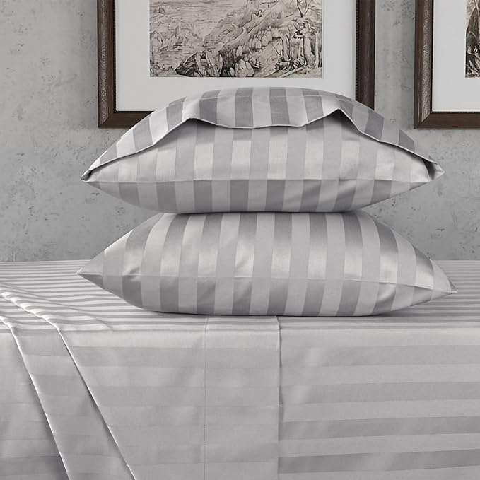 URBANHUT 800 Thread Count 100% Cotton Damask Full Size Sheets, 4 Piece Striped Full Size Bedsheets, Luxury Hotel Sheets Sateen Weave - Better Than Egyptian, 16" Elasticized Deep Pocket- Silver Grey