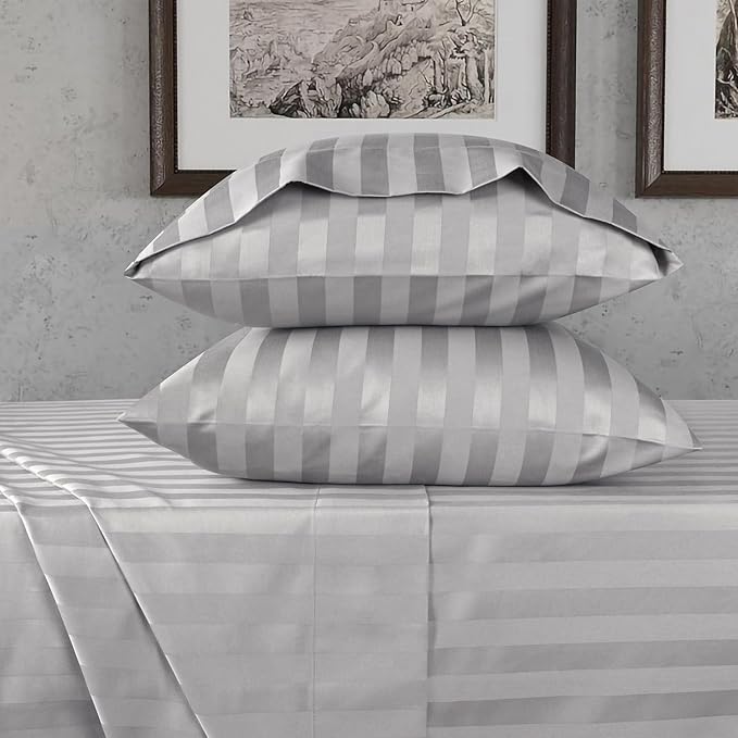 URBANHUT 800 Thread Count 100% Cotton Damask California King Size Sheets Set, 4 Piece Striped Cal King Size Bedsheets, Luxury Hotel Sheets Sateen Weave, 16" Elasticized Deep Pocket- Silver Grey