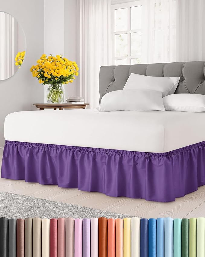 Wrap Around Dust Ruffle Bed Skirt - Purple - for Queen Size Beds with 12 Inch Drop - Easy Fit Elastic Strap - Adjustable Pleated Bedskirt w/Brushed Fabric Wrinkle Free - for Women, Men, Kids & Teens