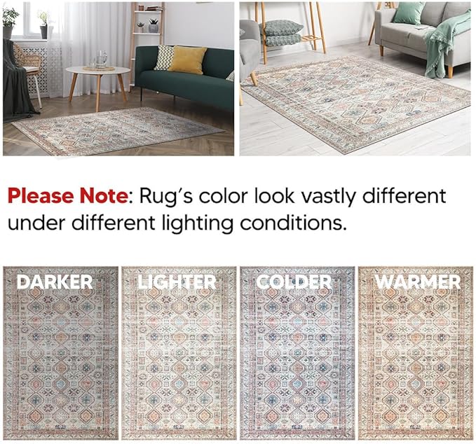Keen Home Design 6x9 Rug - Machine Washable Area Rug with Non-Slip Backing, Ideal for Living Room, Dining Room, Bedroom - Vintage, Easy Clean, Durable, Low Pile Rug - (6' x 9')