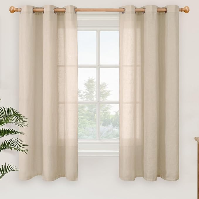 YoungsTex Short Linen Sheer Curtains 63 Inch Length for Window Natural Textured Drapes Light Filtering for Bedroom Living Room Lightweight Grommet, Light Tan, 2 Panels, 42 X 63 Inch