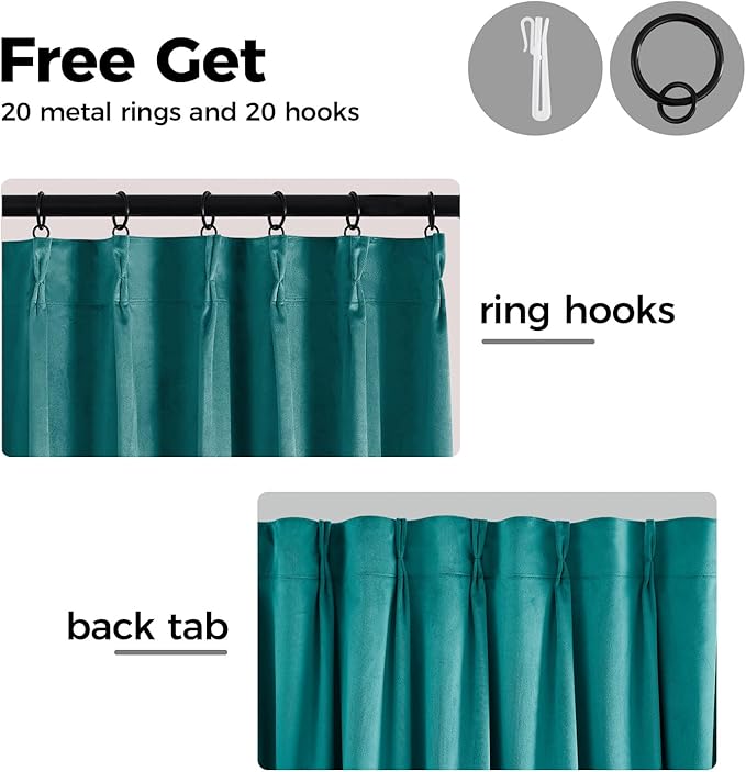 Pinch Pleated 100% Blackout Curtains for Bedroom, Teal Velvet Curtains for Living Room, Black Out Curtain 84 inch Long Room Darkening, Blackout Pinch Pleat Drapes with Hooks 2 Panels
