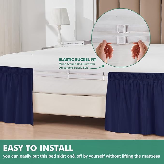 Biscaynebay Wrap Around Bed Skirts with Split Corners for Full Beds 14" Drop, Navy Elastic Dust Ruffles Adjustable Easy Fit Wrinkle & Fade Resistant Silky Luxurious Fabric Machine Washable