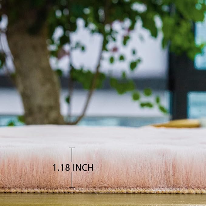 Pink Round Rug 5ft Washable Fluffy Faux Rabbit Fur Area Rugs for Living Room Shag Circle Nursery Rugs for Bedroom Cute Décor
