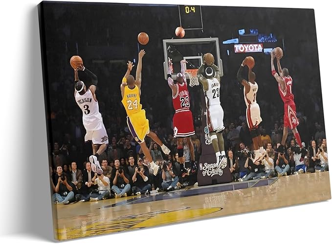 Basketball Legends Canvas Wall Art Print Poster, Iconic Sports Stars Shooting Inspirational Picture, Motivational Photography Wall Decor for Gym Dorm Home Office Living Room Bedroom, Framed 20x24inch