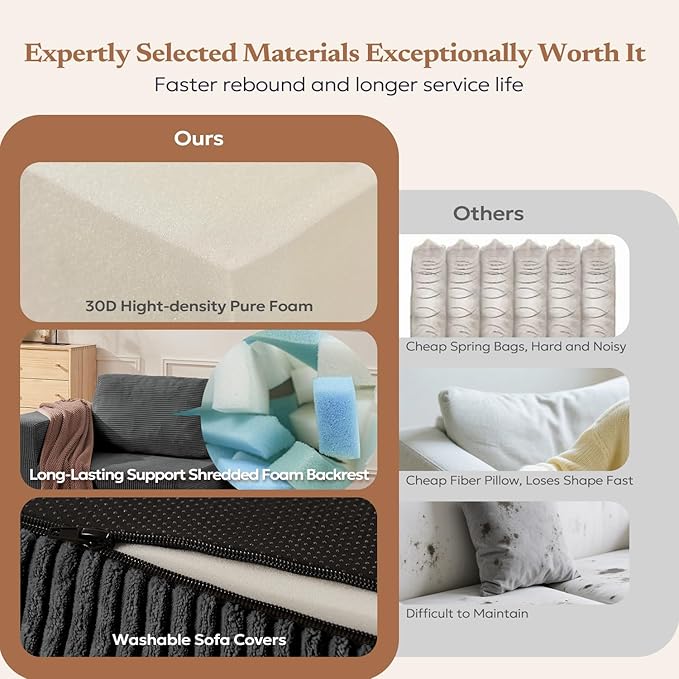 136" Cloud Sectional Couch, Left/Right Facing Convertible Sofa with Deep Seat, L-Shape Modular Upholstered Foam Couch for Living Room Bedroom, No Assembly Required (Corduroy Fabric, Grey)