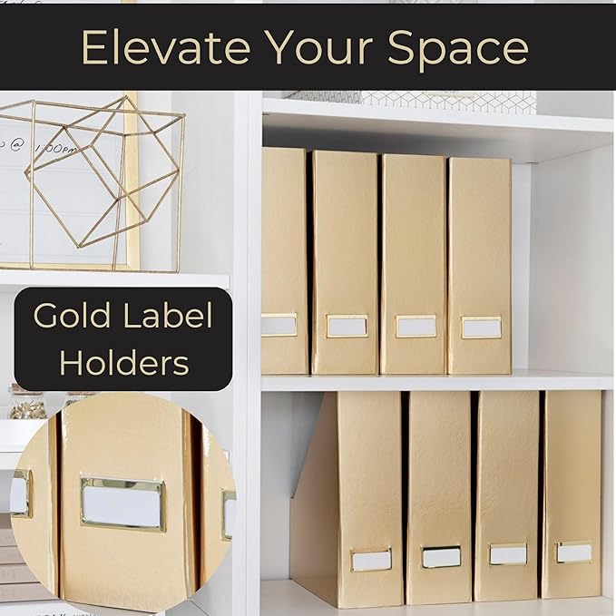 BLU MONACO Gold Magazine File Holder Set of 4 – Stylish Desk Organizer for Home & Office - Elegant Supplies, Bookends & Durable File Holders for a Gold Office Decor