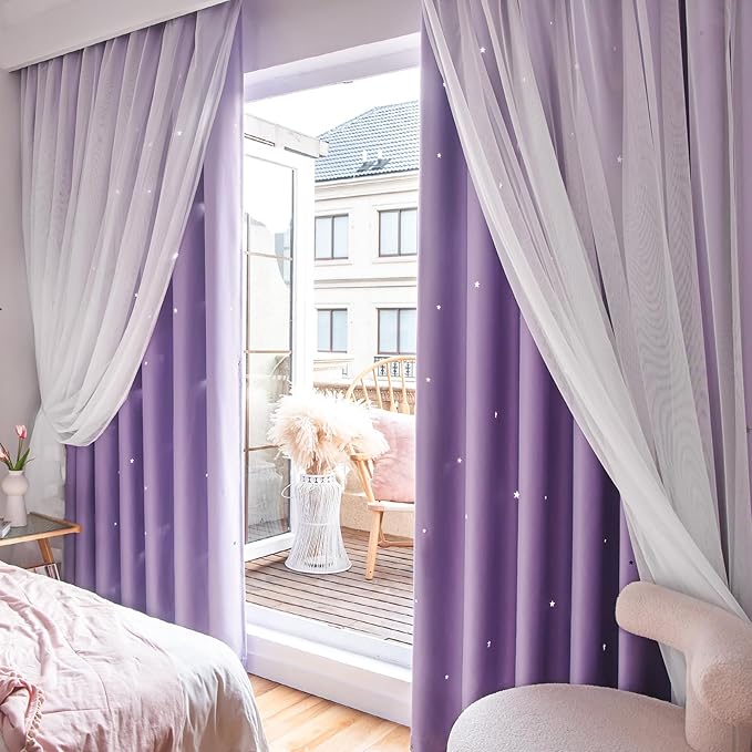 Star Double Layer Blackout Curtains for Bedroom, Kids - Cute, 96 Inch Long, 2 Panels Set, Purple, 42 x 96 Inch
