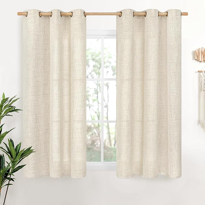 YoungsTex Short Linen Semi Sheer Curtains 45 Inch Length 2 Panels, Light Filtering Textured Window Drapes with Bronze Grommet for Kitchen Living Room Windows, 42 x 45 Inch