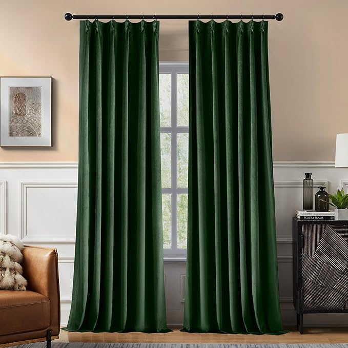 Pinch Pleated 100% Blackout Curtains for Bedroom, Olive Green Velvet Curtains for Living Room, Black Out Curtain 108 inch long Room Darkening, Blackout Pinch Pleat Drapes with Hooks 2 Panels