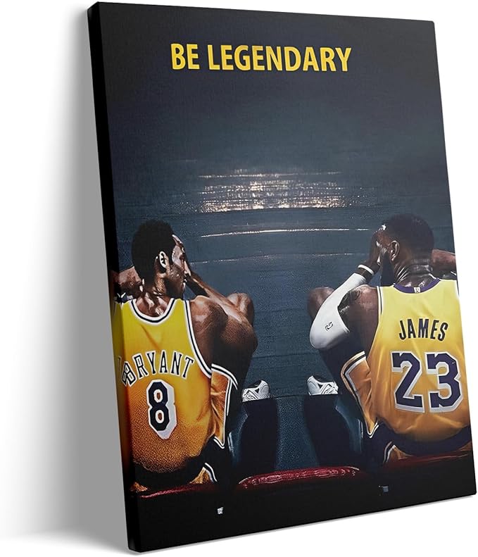 Kobe Bryant and LeBron James Canvas Wall Art Print Poster, Be Legendary Inspirational Sports Picture Artwork, Motivational Mamba Mentality Wall Decor for Home Office Gym Living Room, Framed 8x10inch