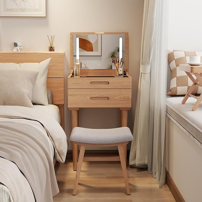 Solid Wood Small Vanity Desk with Mirror and Lights, Narrow Makeup Vanity for Small Space, Flip Top Vanity Side Table, 3 Color Modes & Adjustable Brightness, 19.6" Slim Dressing Table, Natural
