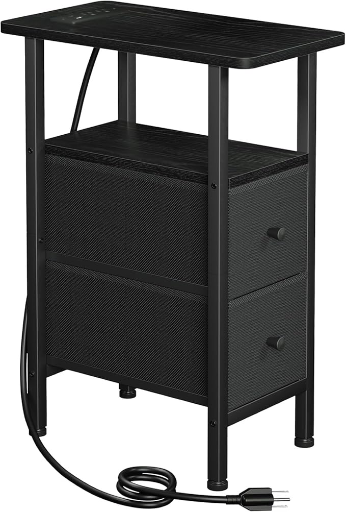 LOAKEKEL Narrow End Table Living Room with Charging Station, Skinny Side Table with Fabric Drawers, Slim Nightstand for Bedroom, Small Spaces, Couch, Black, HETNDP02BK-1