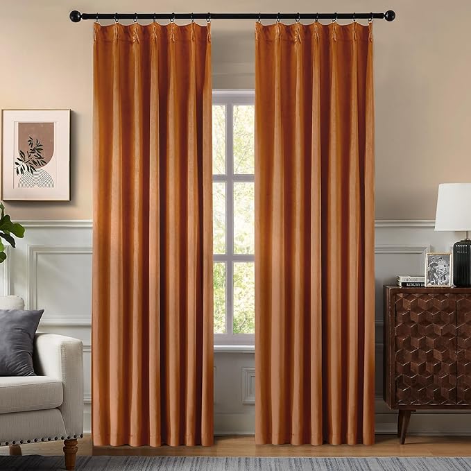 Pinch Pleated 100% Blackout Curtains for Bedroom, Yellow Velvet Curtains for Living Room, Black Out Curtain 84 inch Long Room Darkening, Blackout Pinch Pleat Drapes with Hooks 2 Panels