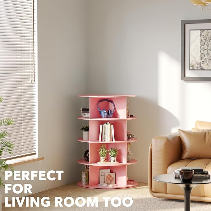 SpaceAid 4 Tier Rotating Shoe Rack Tower, Spinning Shoe Display Lazy Susan, Revolving 360 Shoe Rack Storage Round Carousel, Vertical Handbag Rotate Shoes Closet Organization (4-Tier Pink)