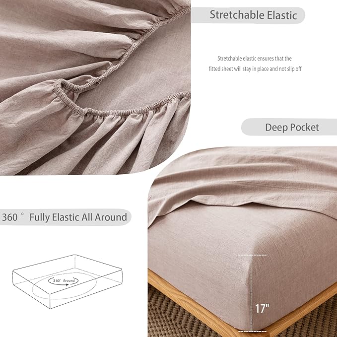 MooMee Fitted Bottom Sheet Only 100% Washed Cotton Linen Like Textured Breathable Durable Soft Comfy Deep Pocket Fits Mattress up to 17" (Mauve Brown, California King)