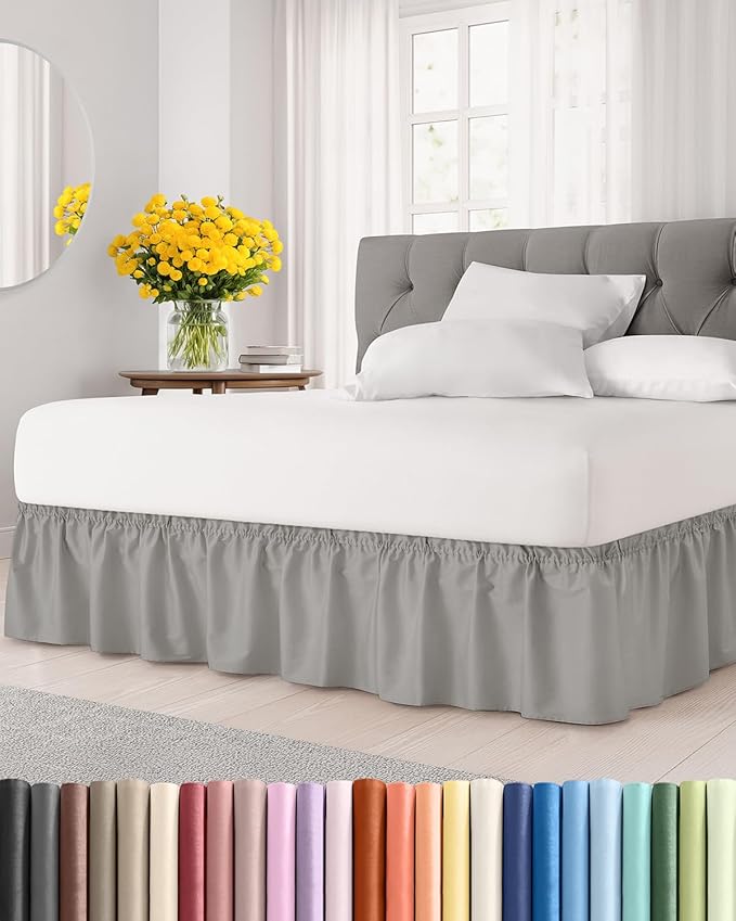 Wrap Around Dust Ruffle Bed Skirt - Light Grey - for Queen Size Beds w/ 16 Inch Drop - Easy Fit Elastic Strap - Adjustable Pleated Bedskirt with Brushed Fabric, Wrinkle Free Women, Men, Kids and Teens