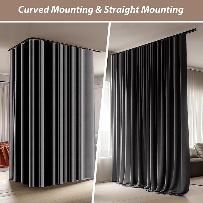 Room Divider Curtains with Ceiling Curtain Track Set Window Curtain for Bedroom,Living Room Total Blackout Thermal Insulated Privacy Ceiling Track Curtain W 15 × H 9 FT Grey drape&Black track