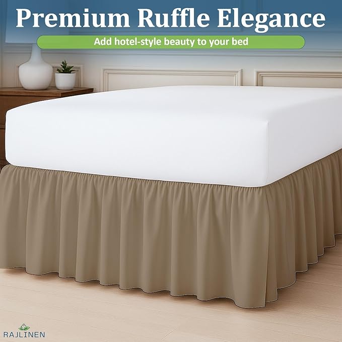 Rajlinen Ruffled Bed Skirt Full XL, 8 Inch Drop Dust Ruffle with Split Corners, 100% Microfiber Bedskirt with Platform, Three-Sided Coverage Ruffled Gathering Design, Taupe