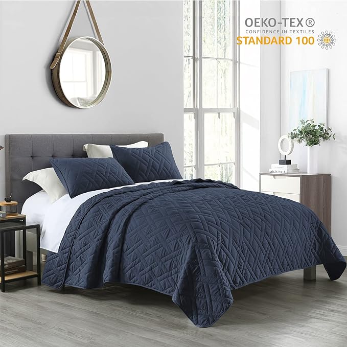 HORIMOTE HOME Quilt Set Twin Size Navy Blue, Classic Geometric Diamond Stitched Pattern, Ultra Soft Microfiber Lightweight Bedding Set Bedspread Coverlet for All Season with 1 Quilt 1 Pillow Sham