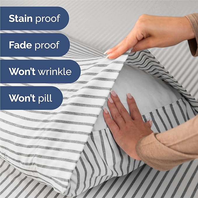 Split King 7 Piece Sheet Set - Cooling & Breathable - Hotel Luxury Bedding Includes Fitted Sheets for Women, Men, Kids & Teens - 1 Flat, 2 Fitted Sheets, 4 Pillowcases w/Deep Pockets - Grey Stripes